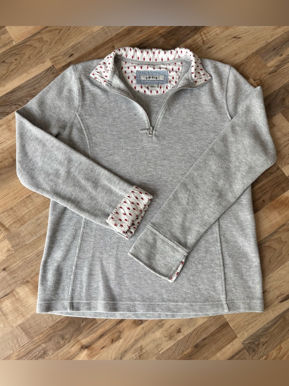 Orvis Gray Quarter Zip Pullover Contrast Print Heritage Preppy Classic Size S